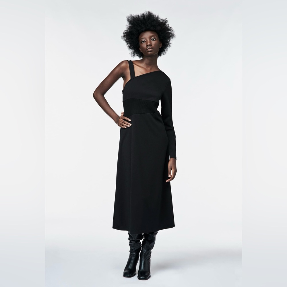 Zara Black Asymmetric Midi Dress Long Sleeve Sleeveless Size S